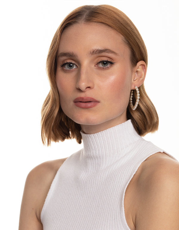 Worn Gold Pearl Fine Medium Hoop Earrings