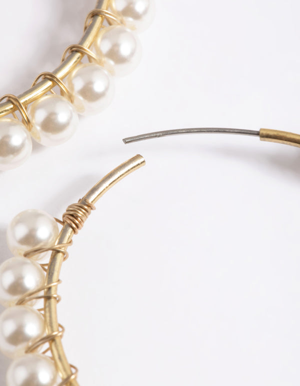 Worn Gold Pearl Fine Medium Hoop Earrings