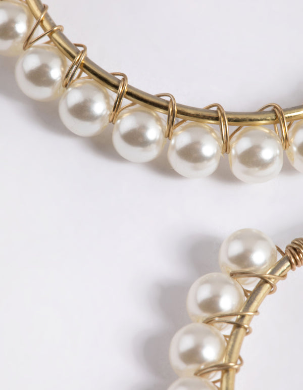 Worn Gold Pearl Fine Medium Hoop Earrings