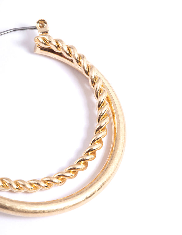Worn Gold Twist & Plain 2 Hoop Earrings