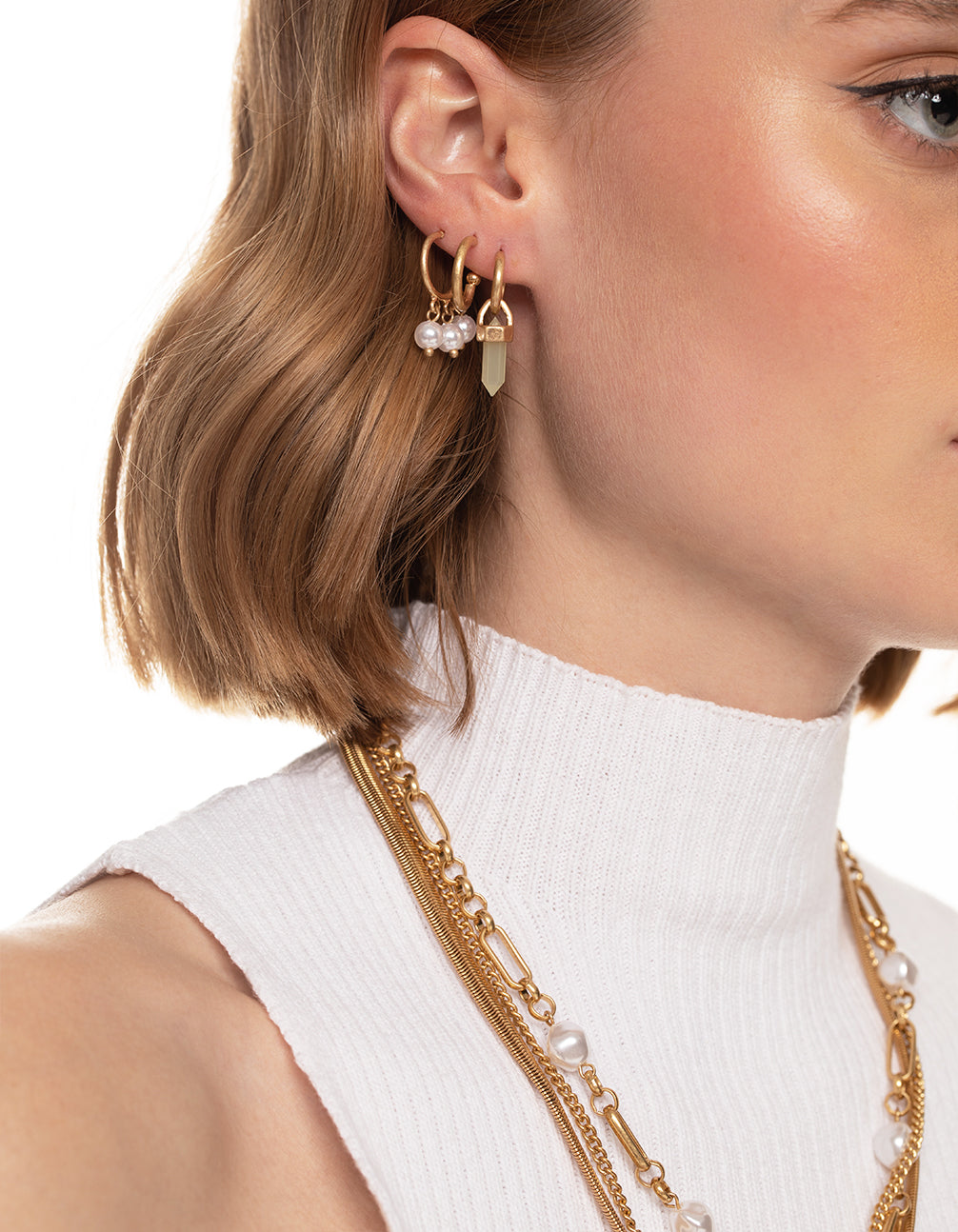 Worn Gold Shard & Pearl Pack Hoop Earrings