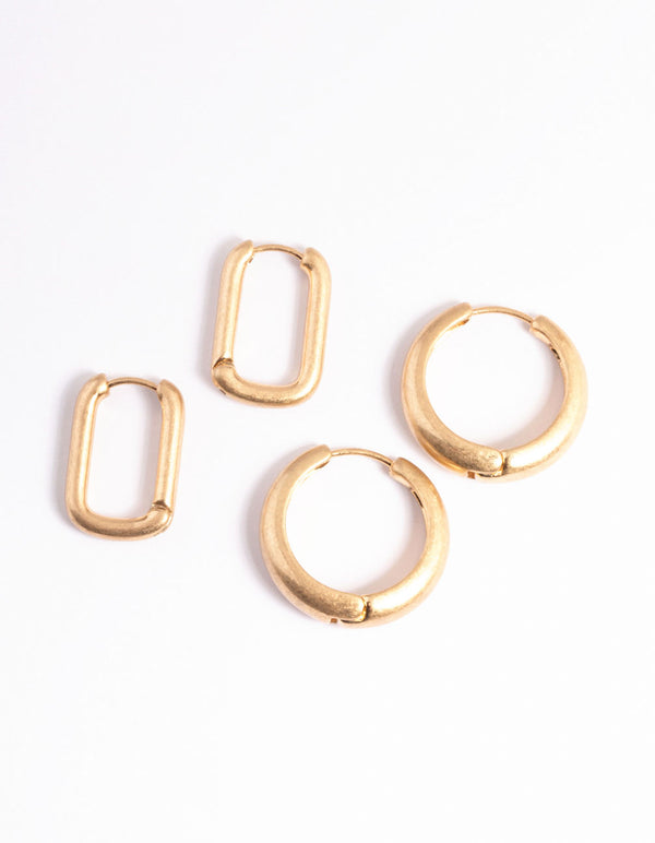 Worn Gold Small Rectangle Hoop Earrings Pack