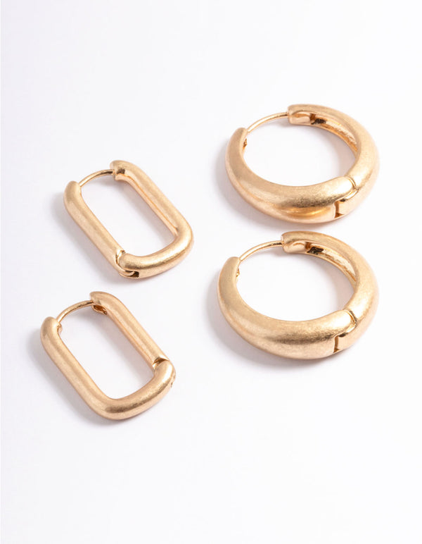 Worn Gold Small Rectangle Hoop Earrings Pack