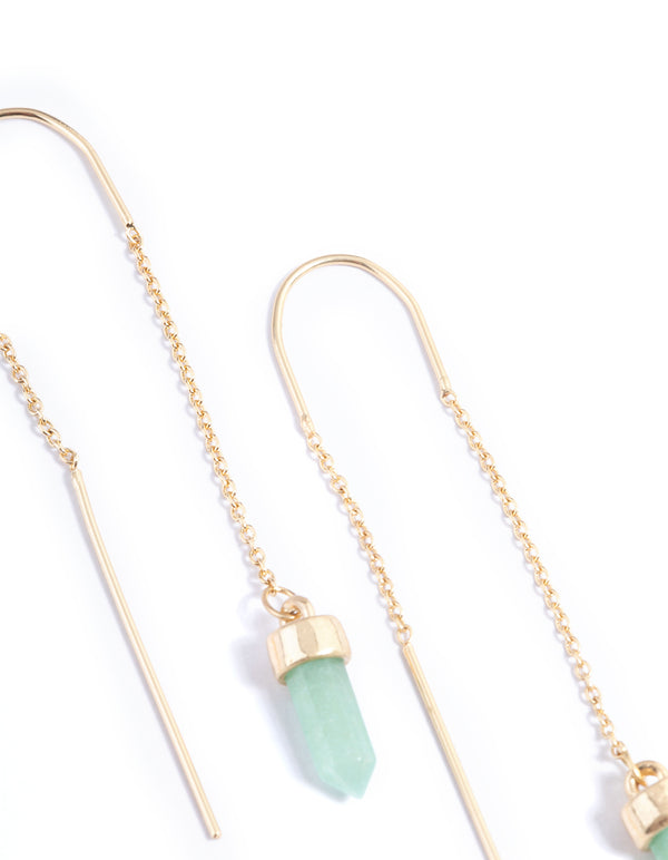 Worn Gold Threader Green Crystal Earrings