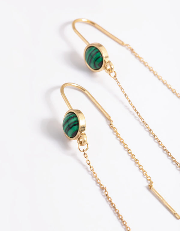 Worn Gold Round Green Stone Threader Earrings