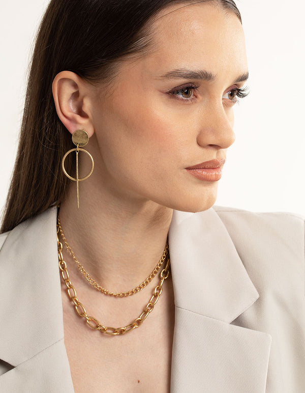 Worn Gold Disc & Bar Drop Earrings