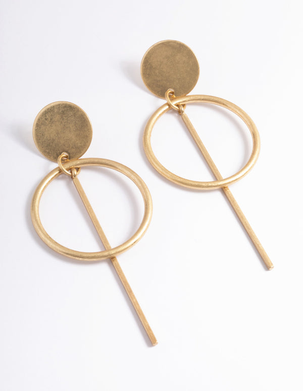 Worn Gold Disc & Bar Drop Earrings