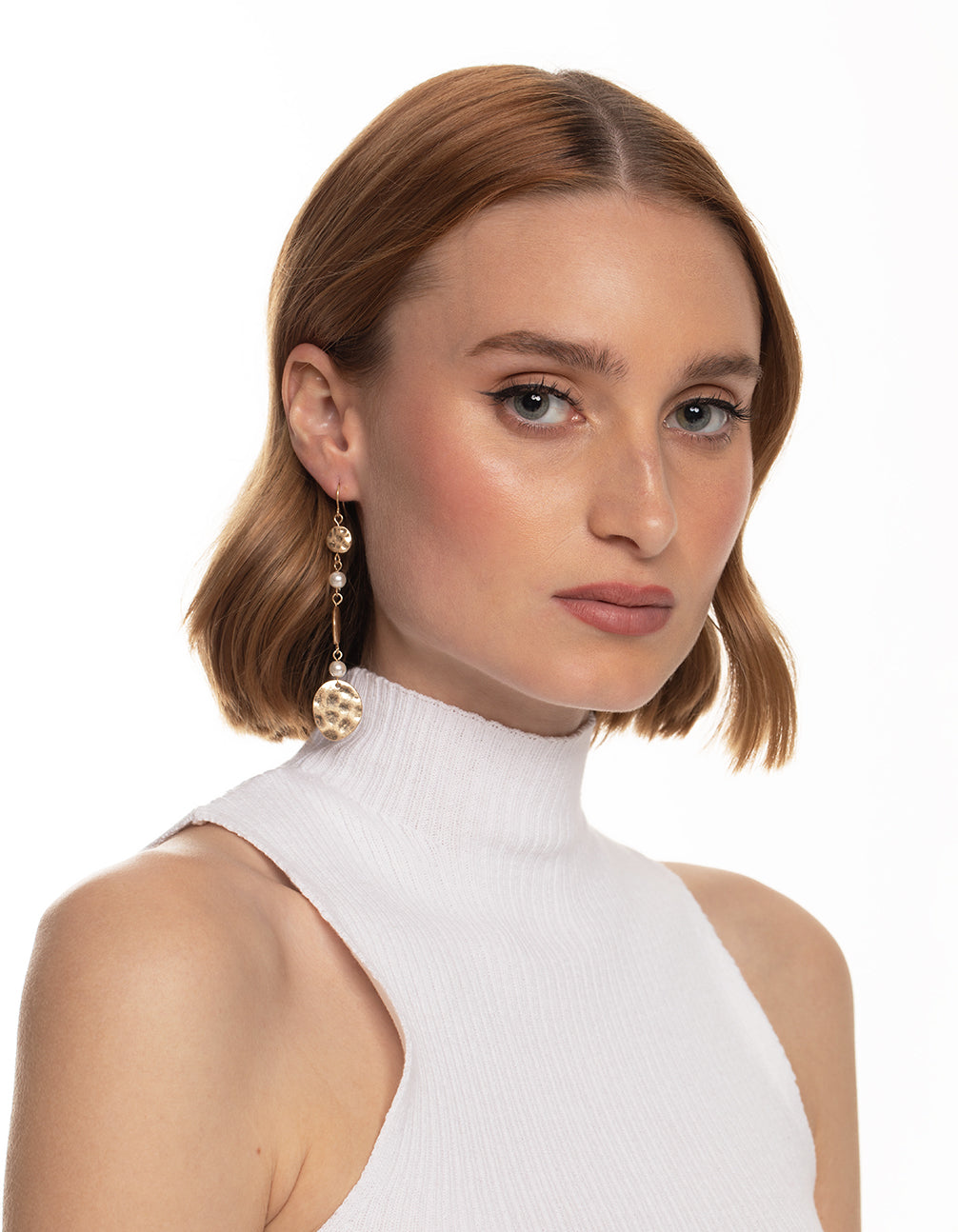Worn Gold Pearl & Textured Disc Drop Earrings
