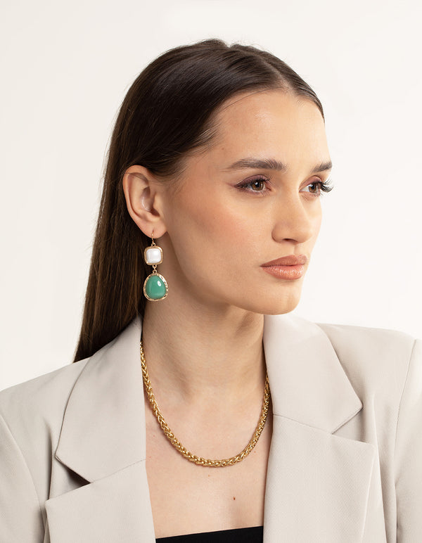 Worn Gold Pearl & Stone Drop Earrings