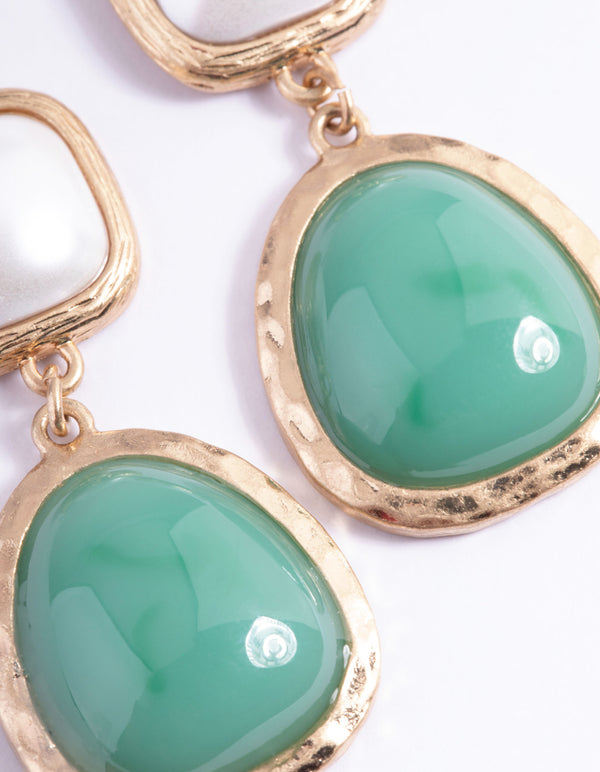 Worn Gold Pearl & Stone Drop Earrings