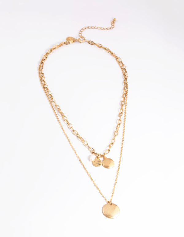 Worn Gold Disc Freshwater Pearl 2 Layer Necklace