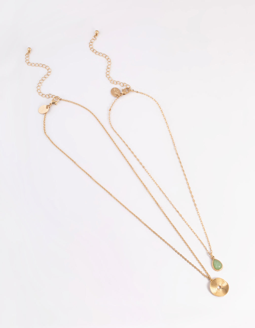Worn Gold Green Teardrop & Disc Necklace