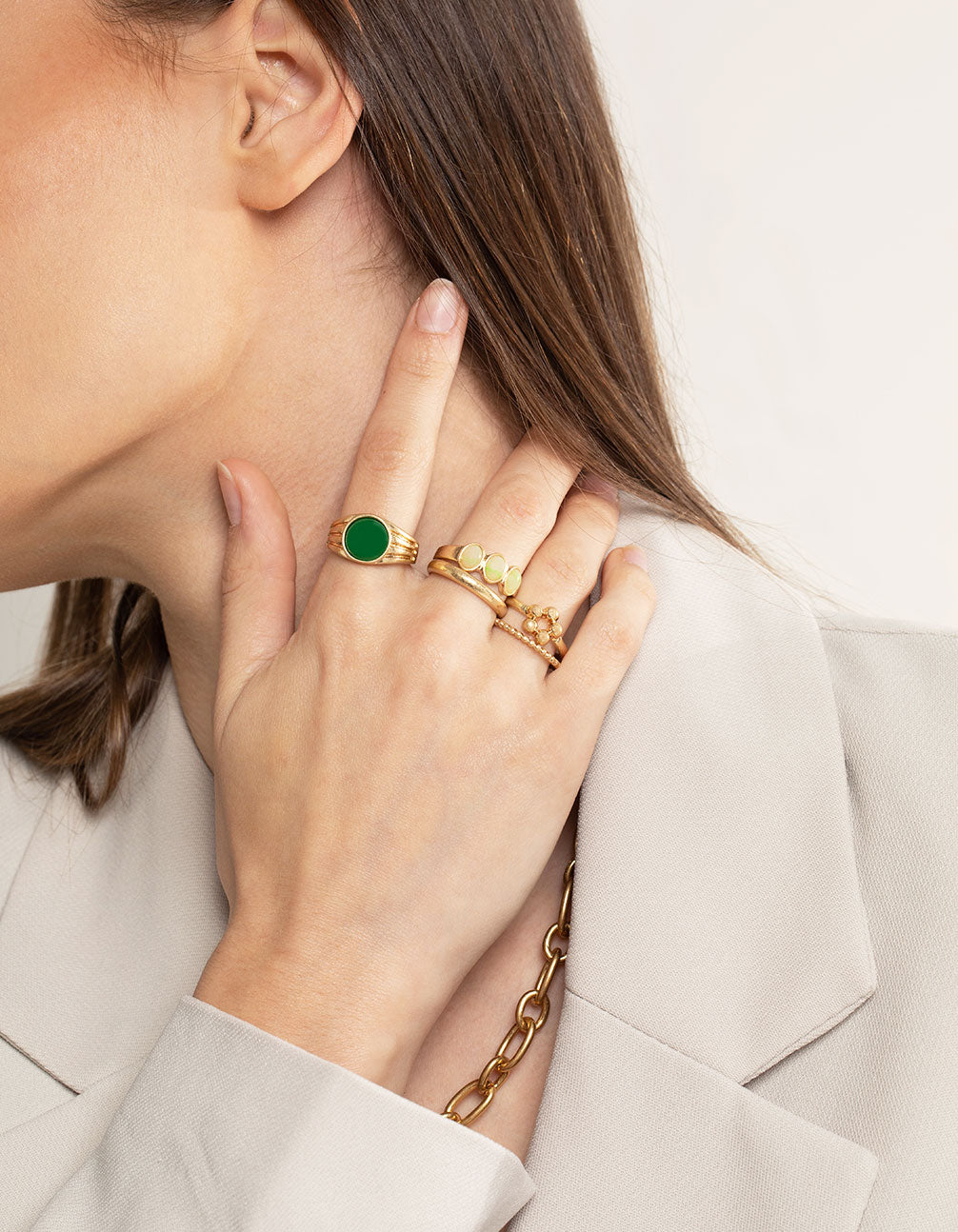 Worn Gold Multi Green Statement Ring Pack