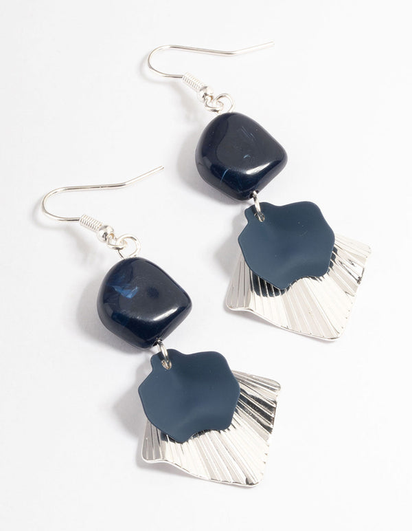 Navy Petal & Fan Bead Drop Earrings
