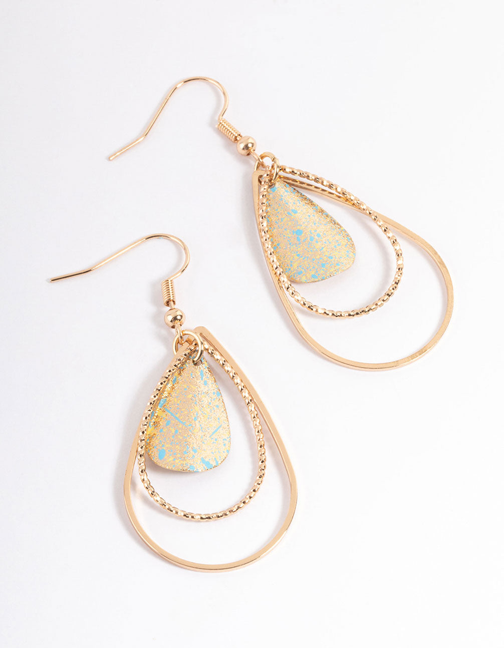 Gold Open Pear Splatter Drop Earrings
