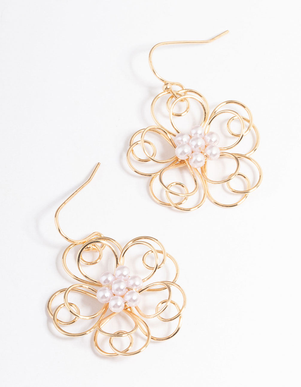 Gold Wire Flower Pearl Drop Earrings