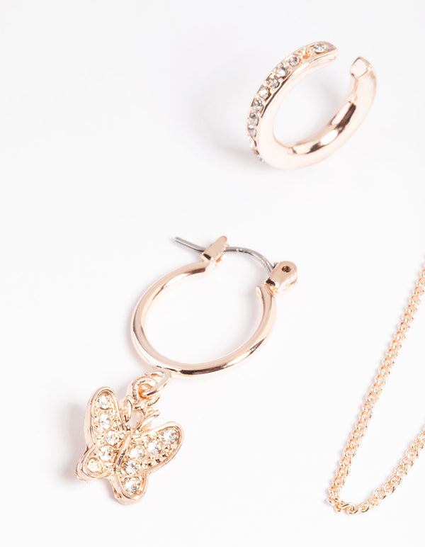 Rose Gold Butterfly & Heart Stack Earrings
