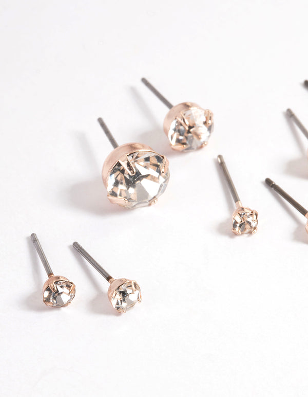 Rose Gold Classic Diamante Stud Stack Earrings