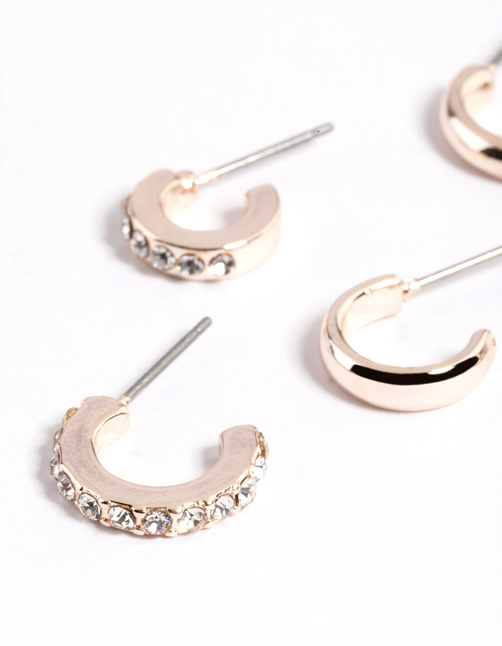 Rose Gold Plain & Diamante Hoop Stack Earrings
