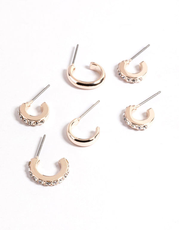 Rose Gold Plain & Diamante Hoop Stack Earrings