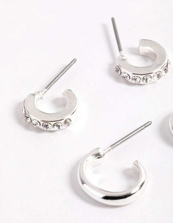 Silver Plain & Diamante Hoop Stack Earrings