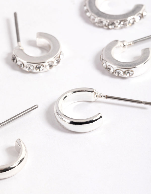 Silver Plain & Diamante Hoop Stack Earrings