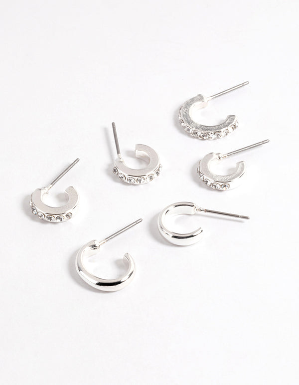 Silver Plain & Diamante Hoop Stack Earrings