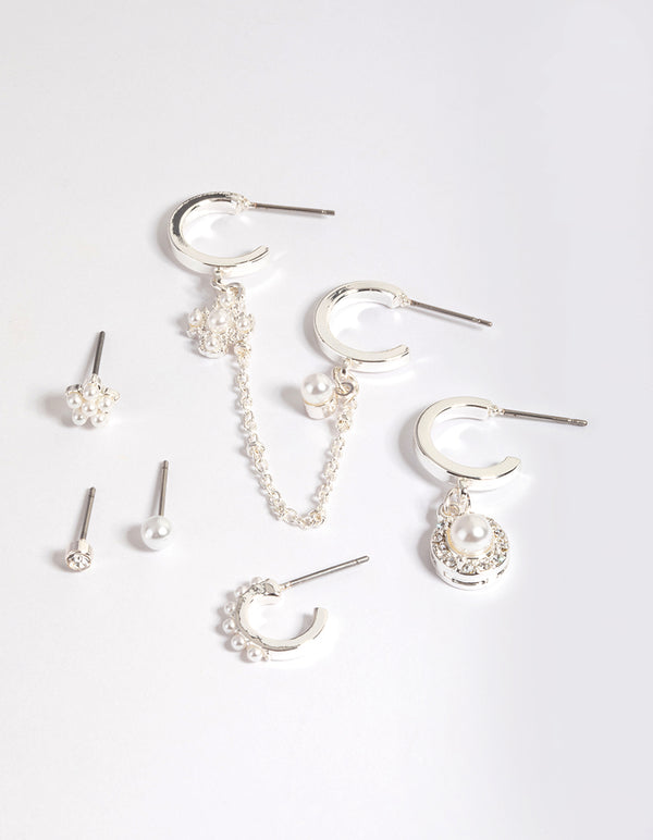 Silver Halo Pearl & Diamante Stack Earrings