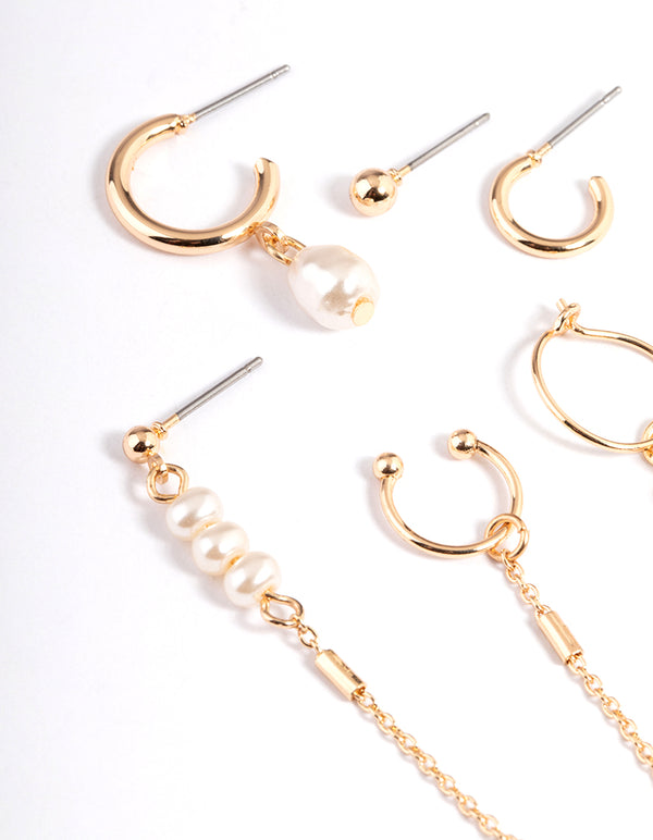 Gold Dainty Pearl Chain Stack Earrings