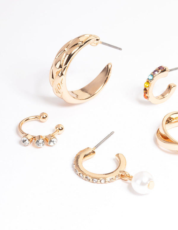 Gold Textured Diamante & Pearl Stack Earrings