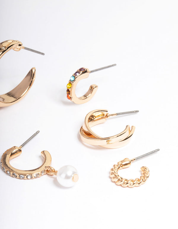 Gold Textured Diamante & Pearl Stack Earrings