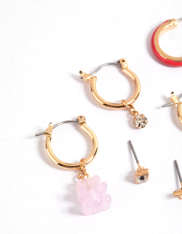 Gold Teddy & Heart Stack Earrings