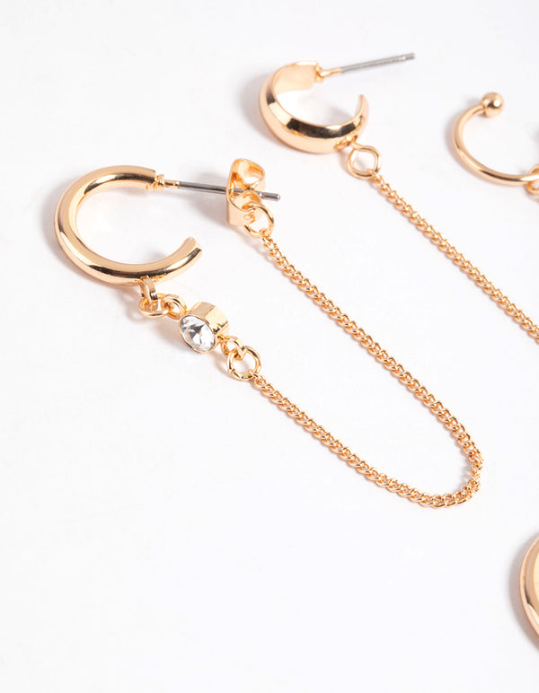 Gold Diamante & Chain Hoop Stack Earrings