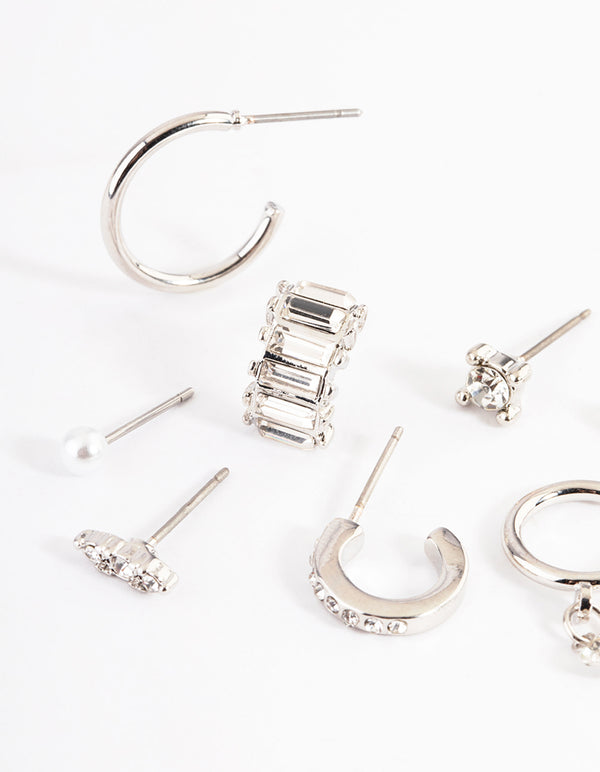 Rhodium Pretty Diamante & Pearl Stack Earrings