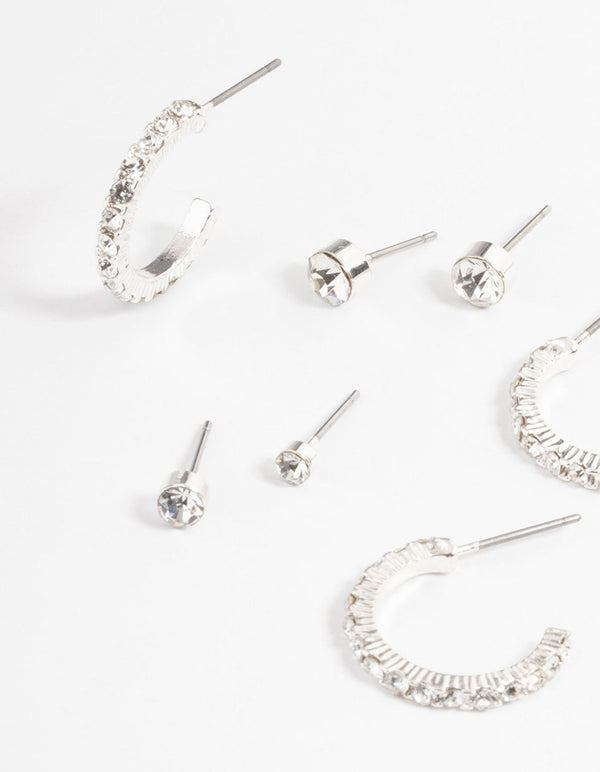 Rhodium Diamante Stud & Hoop Stack Earrings