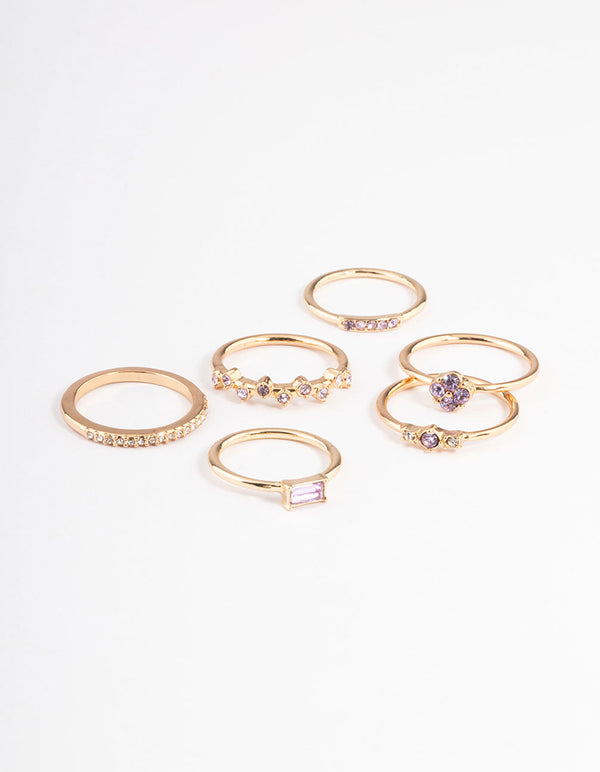 Gold Dainty Diamante Flower Ring Pack