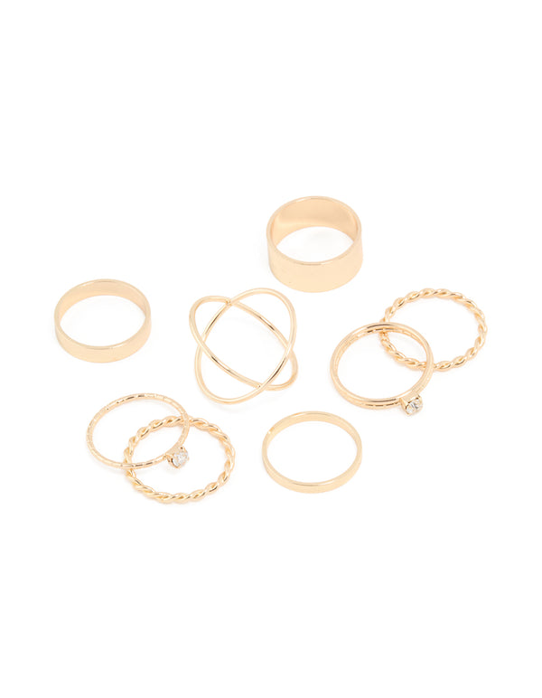 Gold Thick & Diamante Stack Ring 8-Pack