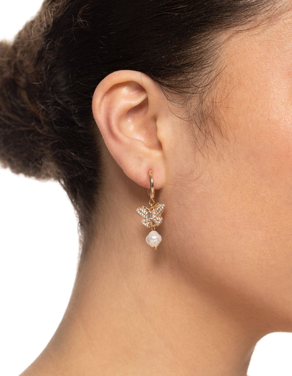 Gold Diamante Butterfly Pearl Earrings
