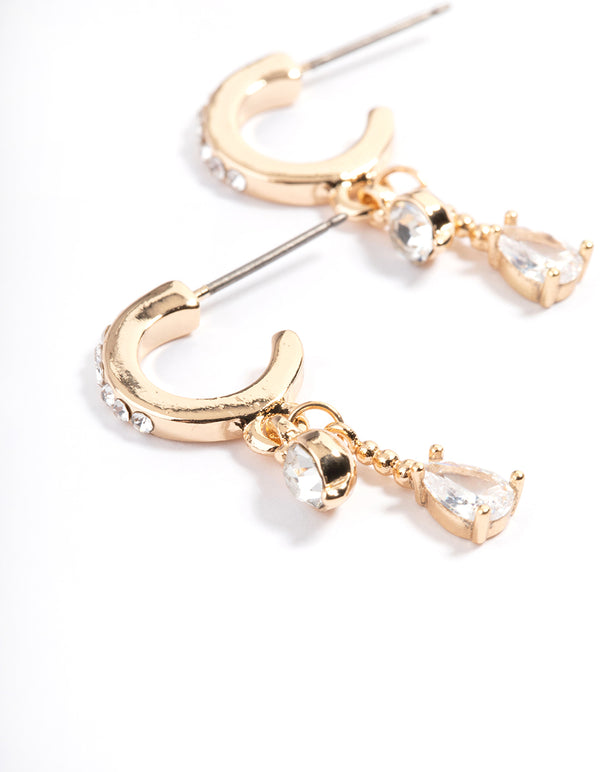 Gold Diamante Two Drop Mini Hoop Earrings