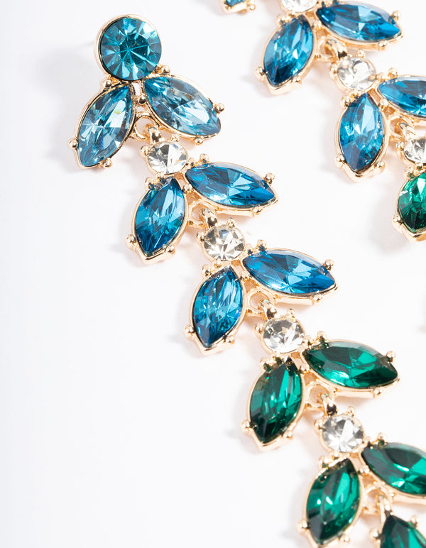 Gold Mix Stone Leaf Drop Earrings