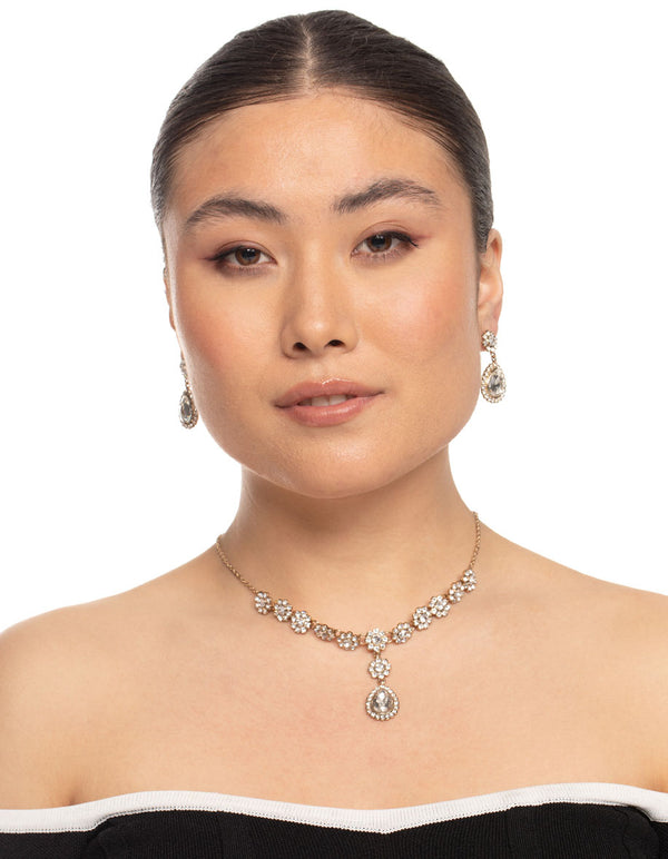Antique Gold Diamante Flower Earring & Necklace Set
