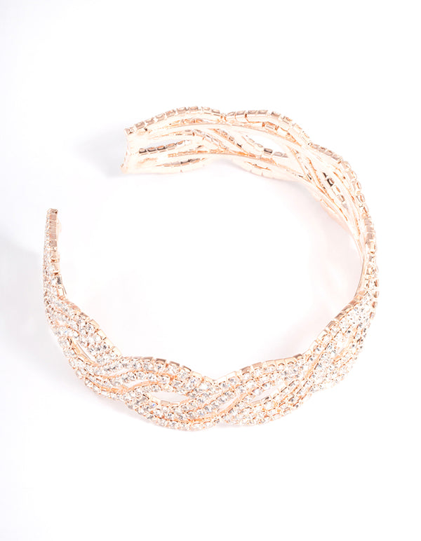 Rose Gold Twist Petal Diamante Cuff Bangle