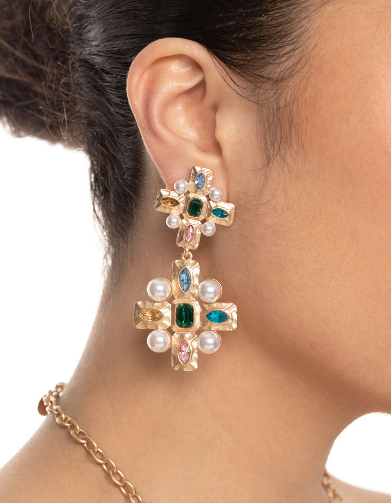 Gold Gem Double Cross Earrings