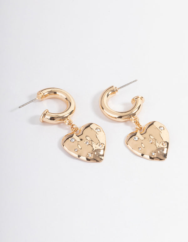 Gold Stamped Drop Heart Earrings