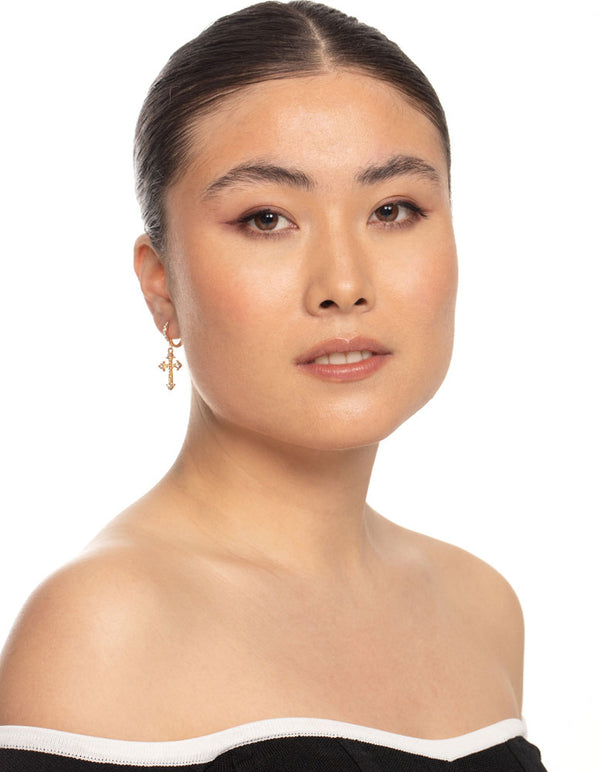 Gold Mini Cross Drop Earrings