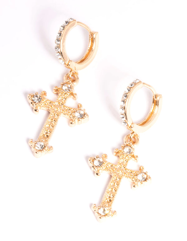 Gold Mini Cross Drop Earrings
