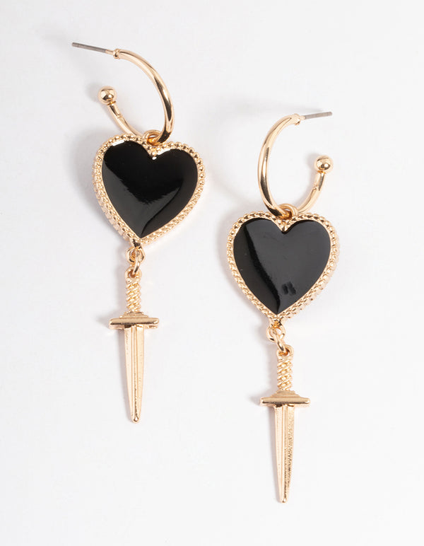 Gold Heart & Dagger Drop Earrings