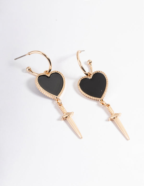 Gold Heart & Dagger Drop Earrings