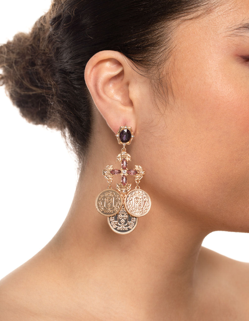Gold Cross Coin Drop Earrings