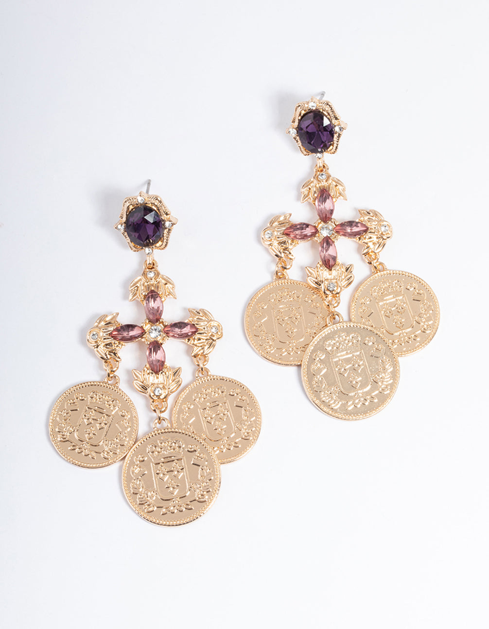 Gold Cross Coin Drop Earrings